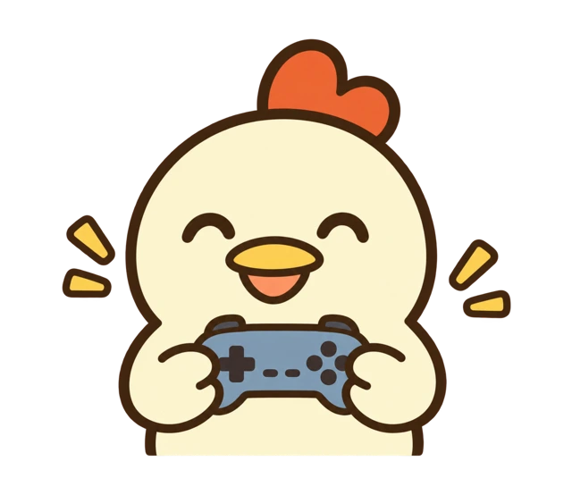 コントローラーを持って、にっこりゲームを楽しむにわとりさん
