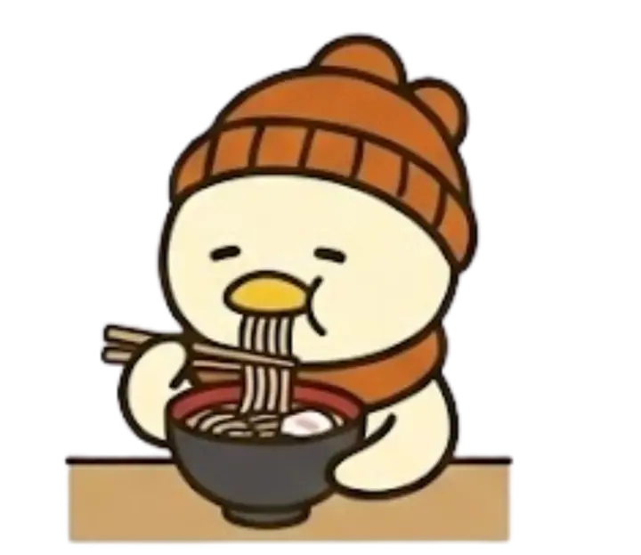 北海道らしい装いでラーメンを食べるにわとりさん