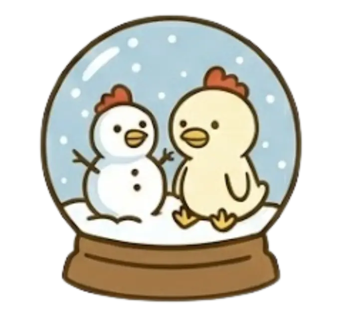 雪だるまと冬を楽しむにわとりさん