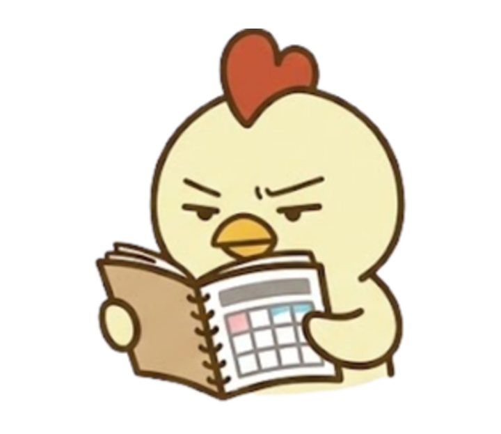 手帳を開いて確認内容を整理するにわとりさん
