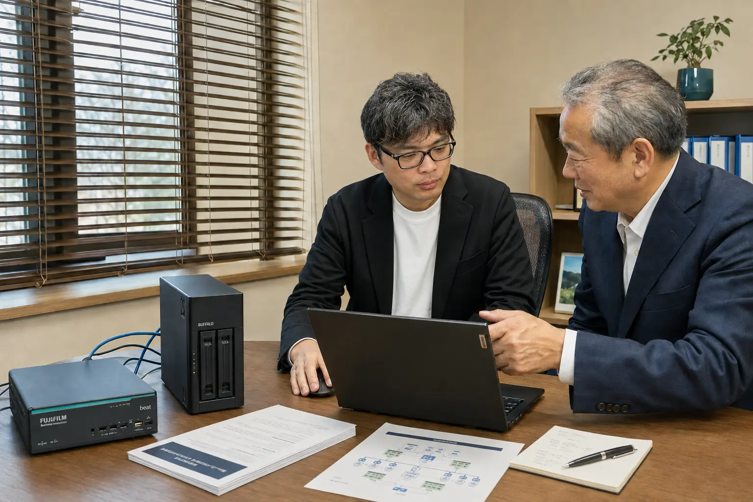富士フイルムBIのbeatとNASを前に情報セキュリティ対策を相談する経営者とルーメン担当者