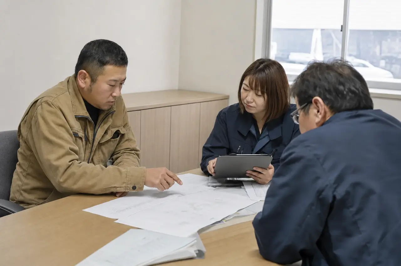 図面とタブレットを使って実務の打ち合わせをする地域企業のスタッフ
