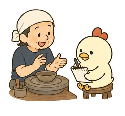 お店の人の話を聞くにわとりさん