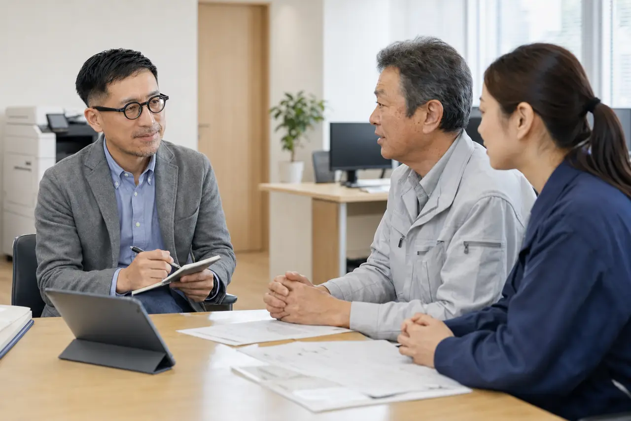南空企画の末永氏をイメージした記者が地域企業の男性と女性を取材する場面