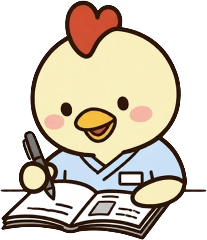 記録業務を行う介護ユニフォーム姿のにわとりさん